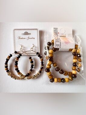 Wood Beads Hoop Earrings and 2 Bracelets Set NIP Gold-Tone Rhinestones Boho NEW